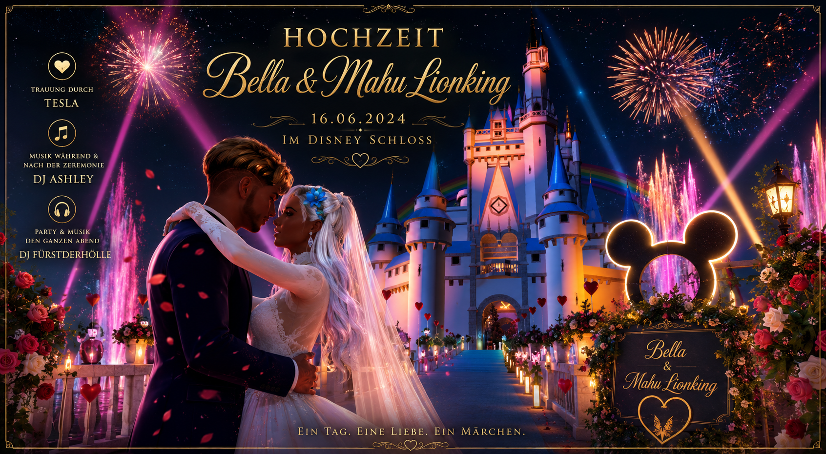 Hochzeit Bella und Mahu Lionking im Disney Schloss - Tesla führte die Trauung durch